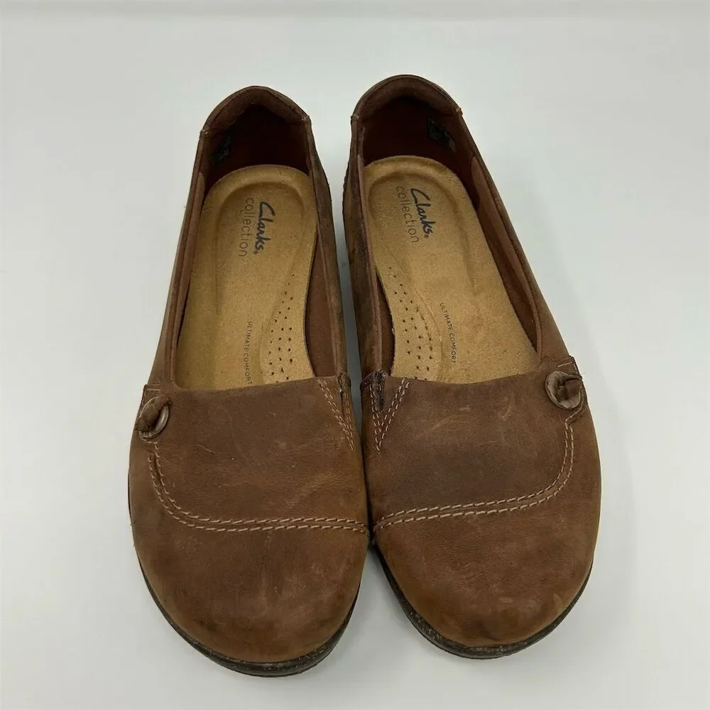 Clarks Women's Roseville Sky Brown Leather Slip-On Loafers Size 10 Wide Comfort